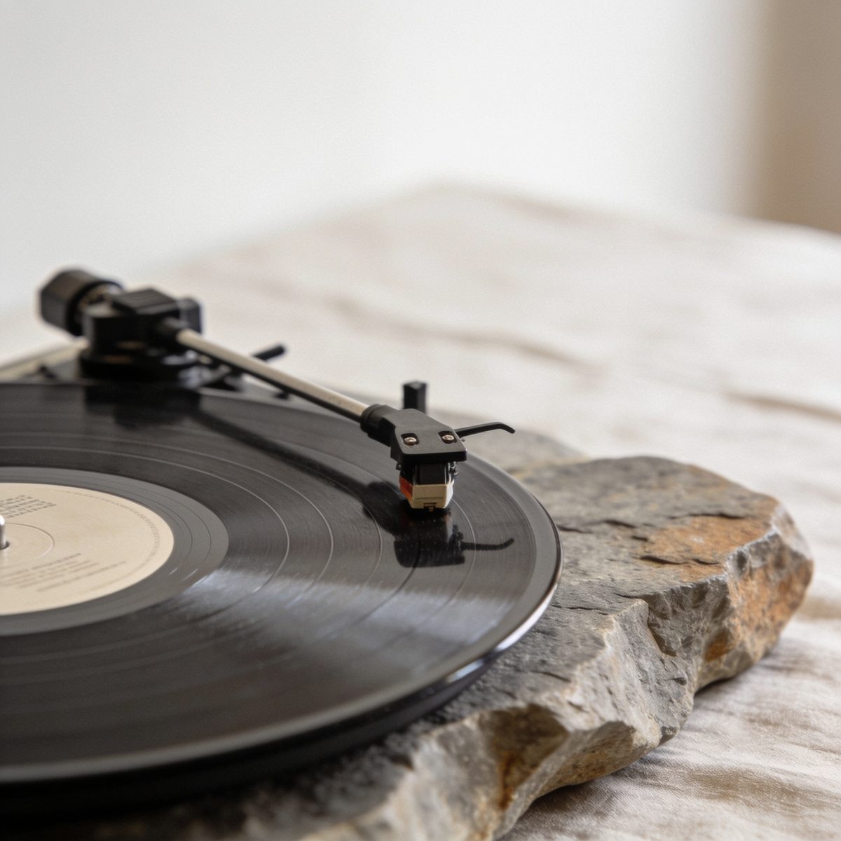A tonearm resting on a spinning record