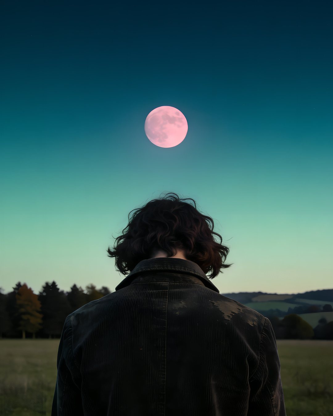 A figure seen from behind under a pink full moon at dusk
